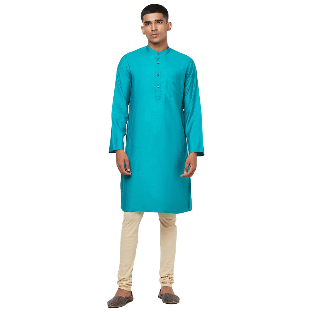 Fabindia MenS Viscose Silk Solids Slim Kurta_Teal_S