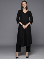 Varanga Women Black Solid A-Line Kurta With V-Neck, Three-Quarter Sleeves, Paired With Tonal Bottom