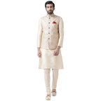 Kisah Men Red Layered Kurta Churidar With Nehru Jacket, Full Sleaves, Knee Length, Straight, Regular Fit, Mandarin Collar Ethnic