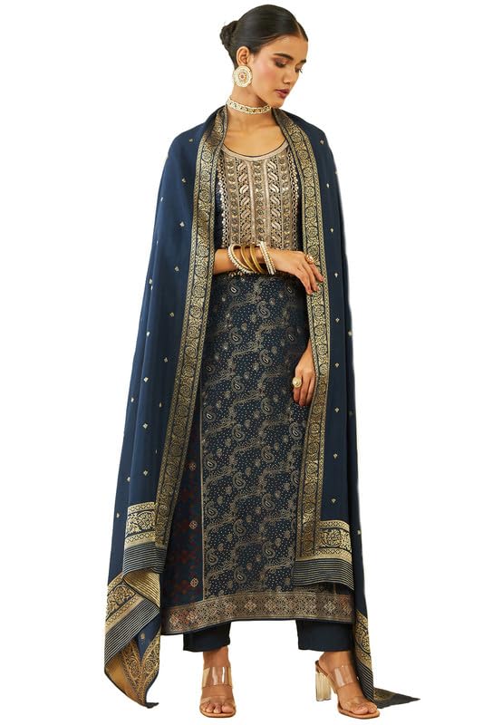 Soch Women Brocade Ikat Print and Floral Woven Suit Set with Dupatta