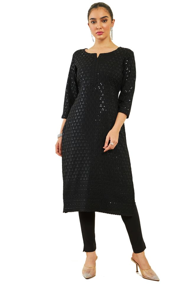 Soch Womens Black Rayon Sequin Embroidered Boat-Neck Straight Kurta