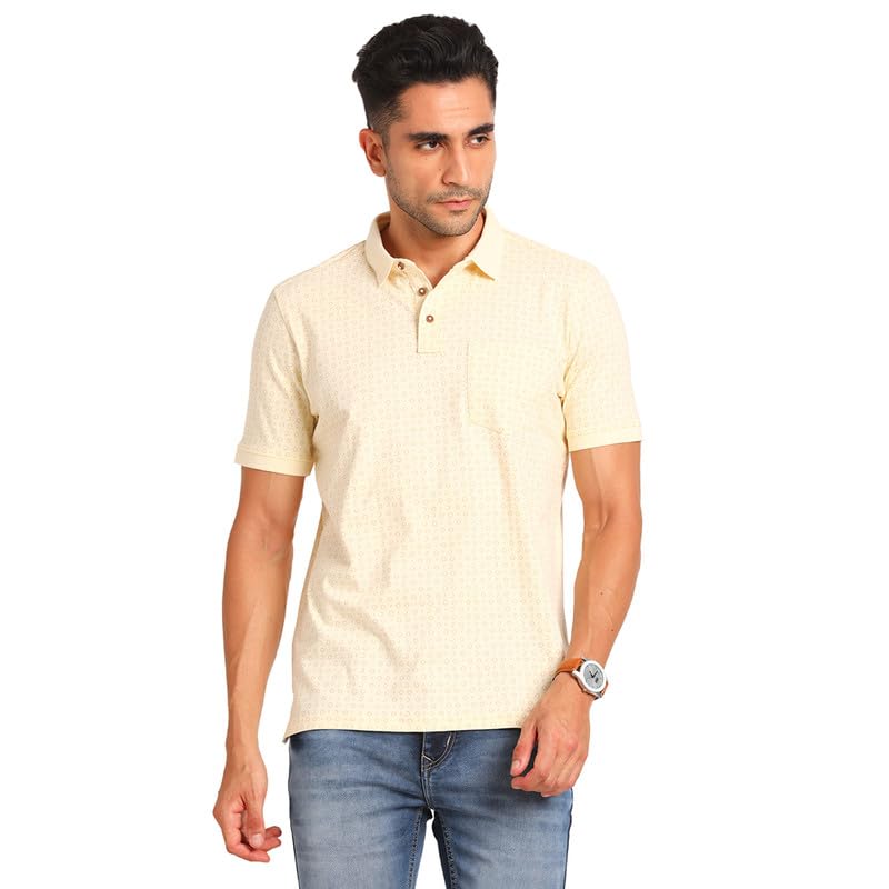 Turtle Men 100% Cotton Cream Half Sleeve Casual Printed Polo Tshirt