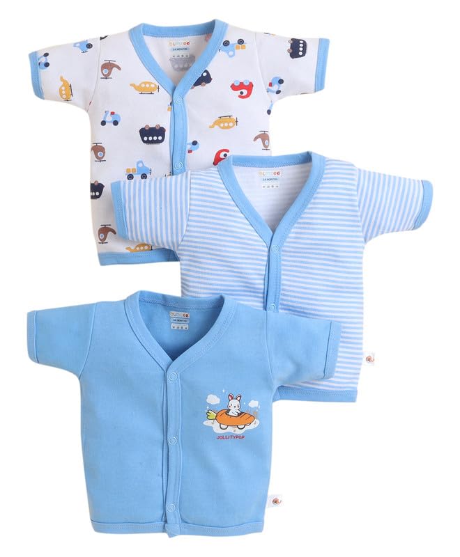 BUMZEE Baby Boys Cotton Regular Fit Half Sleeves Round Neck Jabla Pack of 3 Sky Blue & White - 0-3 Months (Peb11628B-sbl)