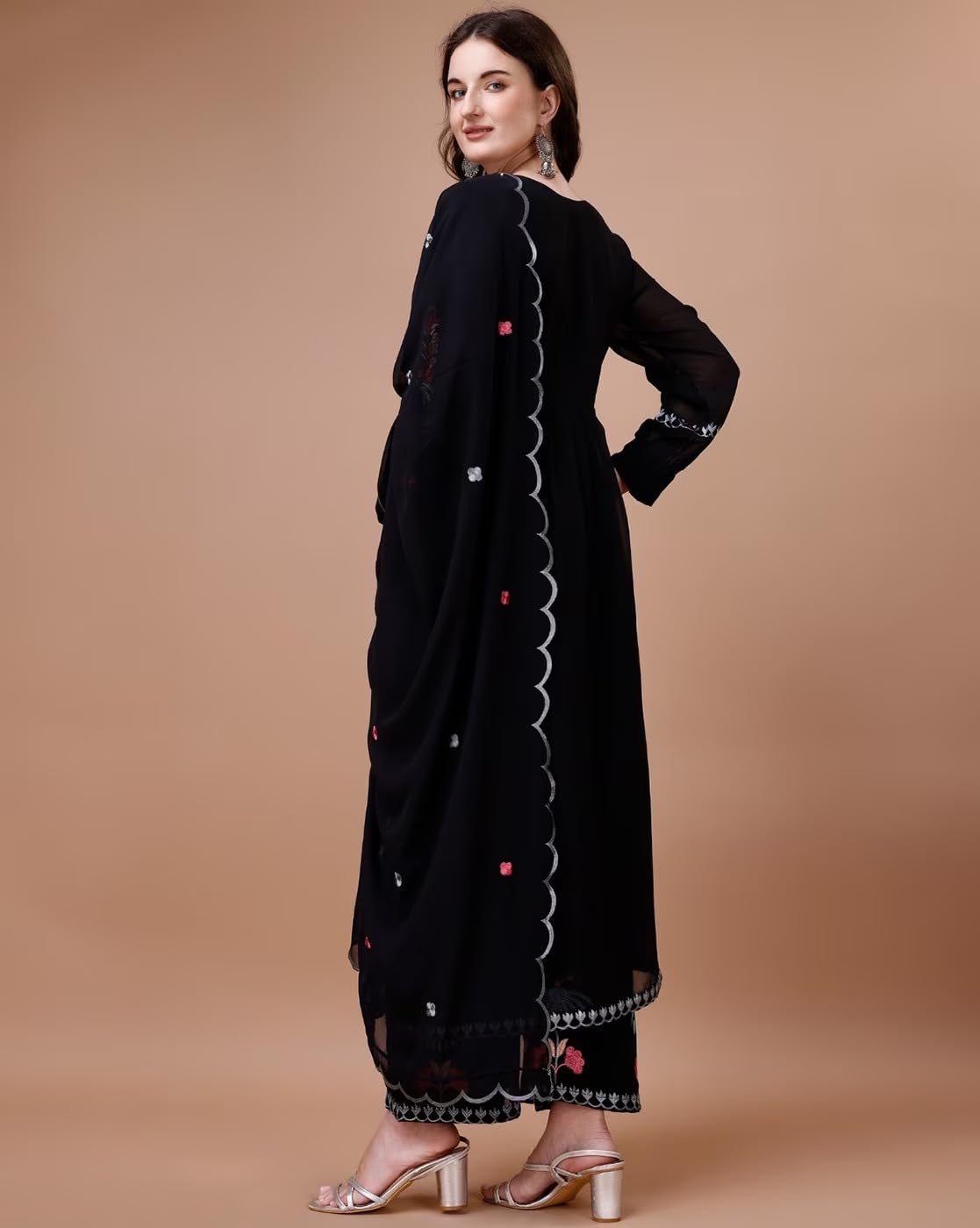 Fashion Basket Womens Faux Georgette Embroidered Straight Kurta with Dupatta