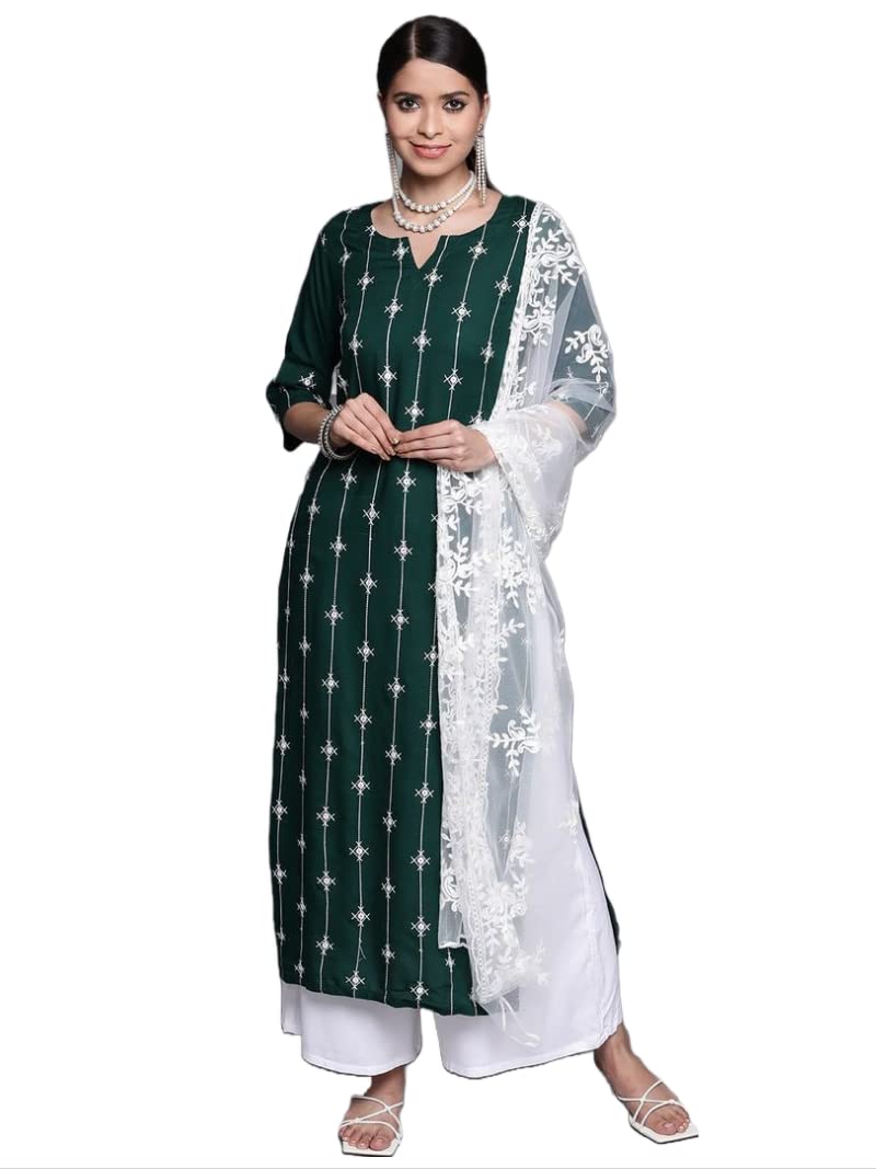 ANNI DESIGNER Women's Cotton Blend Printed Straight Kurta with Pant & Dupatta (Namah108 Multi_XL_Multicolor_X-Large)