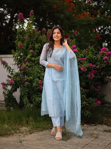 ANNI DESIGNER Womens Rayon Viscose Solid Straight Kurta with Pant & Dupatta (Hinoor Blue_M_Blue_Medium)