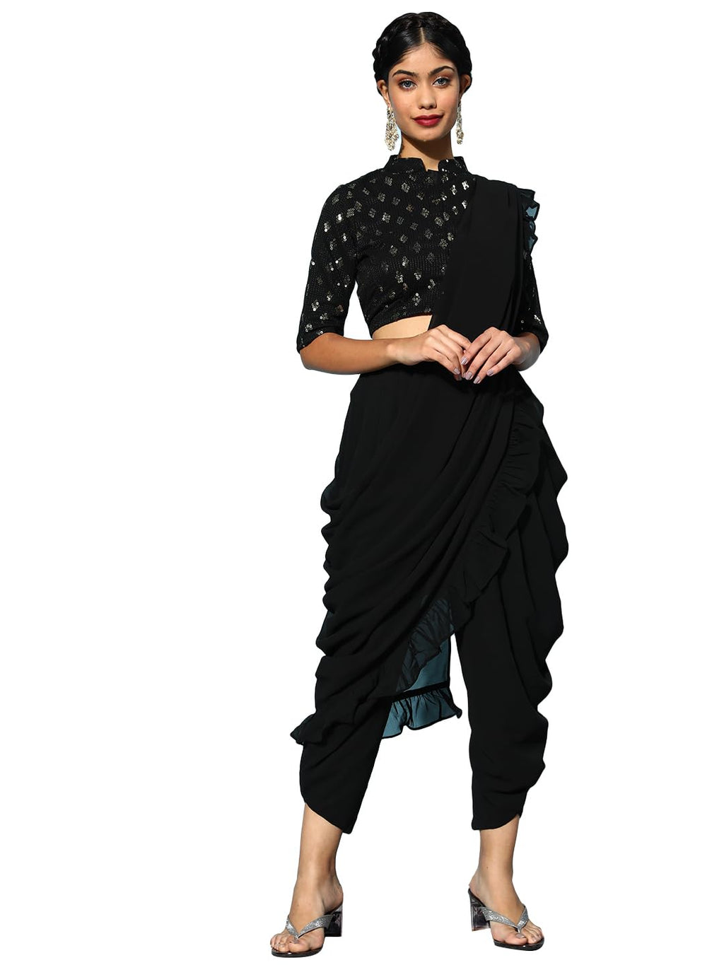 Libas WomenS Pure Georgette Saree (34064O_Black)