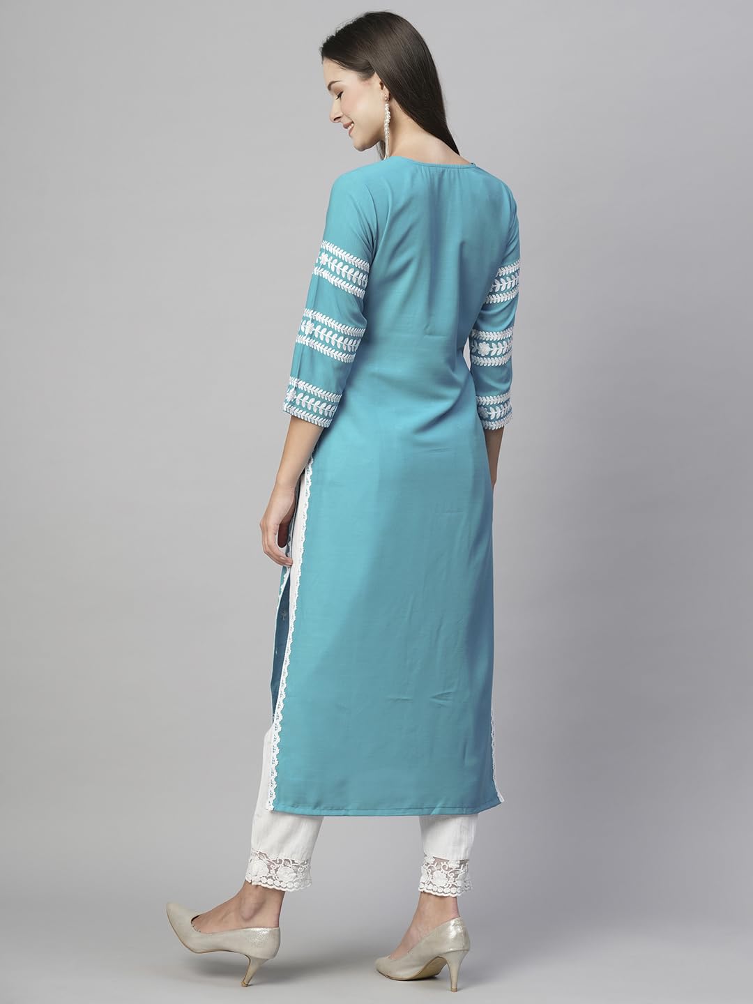 ANNI DESIGNER Womens Cotton Blend Chikankari Embroidered Straight Kurta (STHO-Sky Blue-NW_XL_Sky Blue_X-Large)