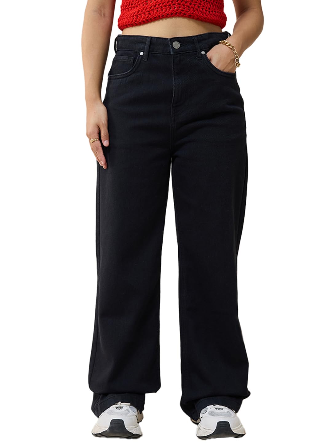 Bewakoof Womens Solid Straight Fit Cotton Plus Size Baggy Jeans_644733_Black_42