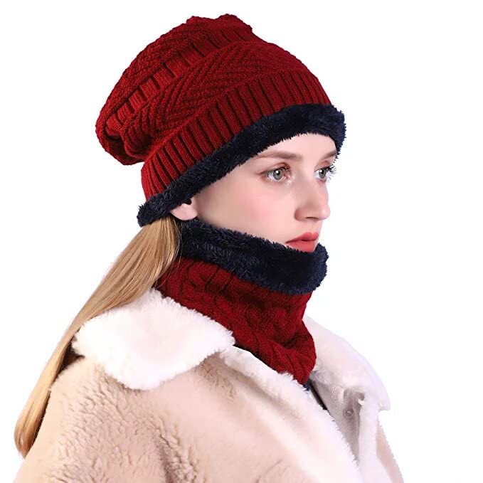 Pinkit WomenS 2 Pieces  Cap And Scarf  Imported Soft Warm Snow And Air Proof Fleece Knitted Inside Fur Cap (Red) 22-23.39