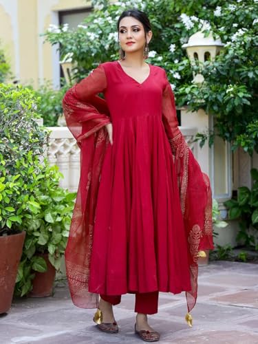 ANNI DESIGNER Womens Cotton Blend Solid Anarkali Kurta with Pant & Dupatta (Magic-RED_3XL_Red_XXX-Large)