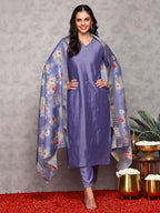 Ishin Floral Embroidered V-Neck Three-Quarter Sleeves Kurta With Trousers & With Dupatta | Kurta Set For Women | Kurta With Trou