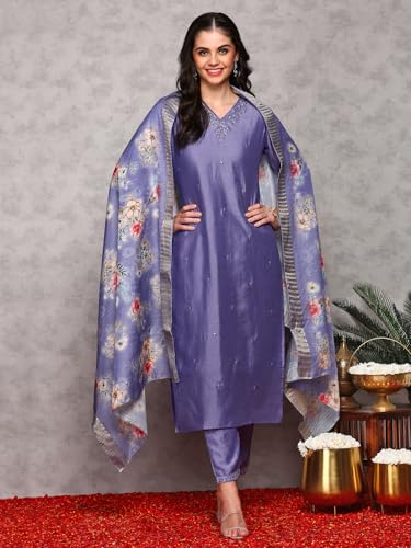 Ishin Floral Embroidered V-Neck Three-Quarter Sleeves Kurta With Trousers & With Dupatta | Kurta Set For Women | Kurta With Trou