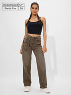 The Souled Store Solids: Faded Brown Straight Fit Wide Leg Cotton Blend Jeans for Women and Girls - Embrace Comfort and Style in