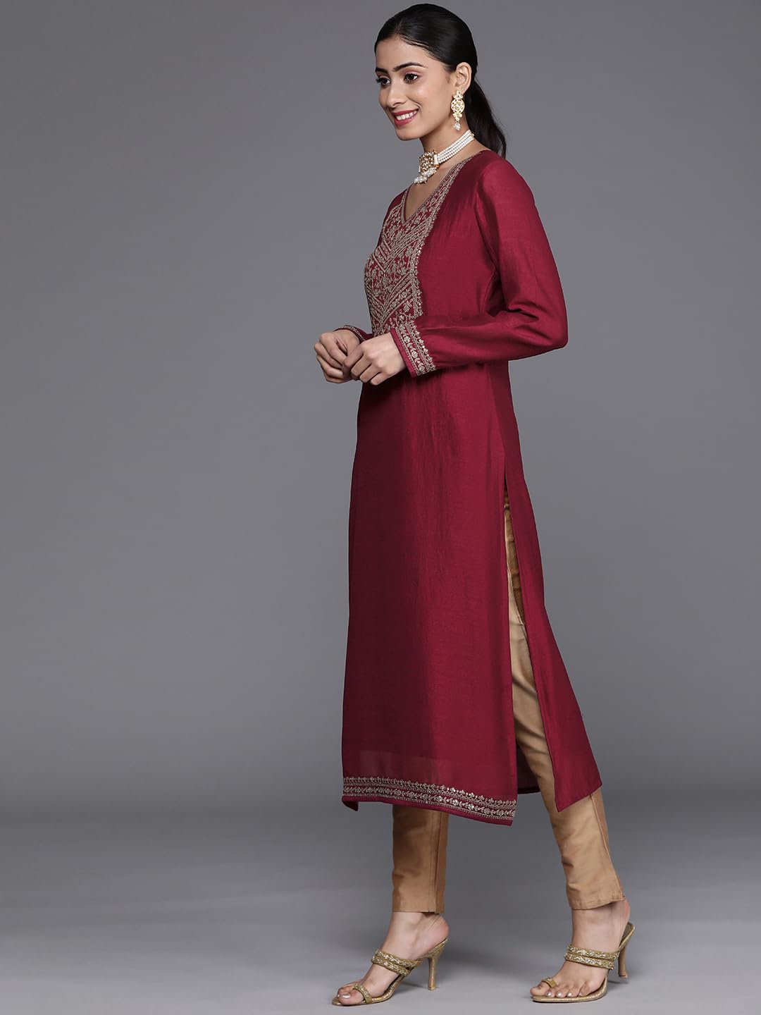 Libas WomenS Silk Yoke Design Straight Kurta (23485O_Pink