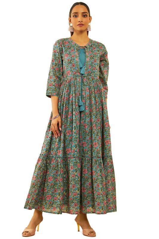 Soch Women Cotton Floral Printed Layered Ethnic Dress with Tie-Ups