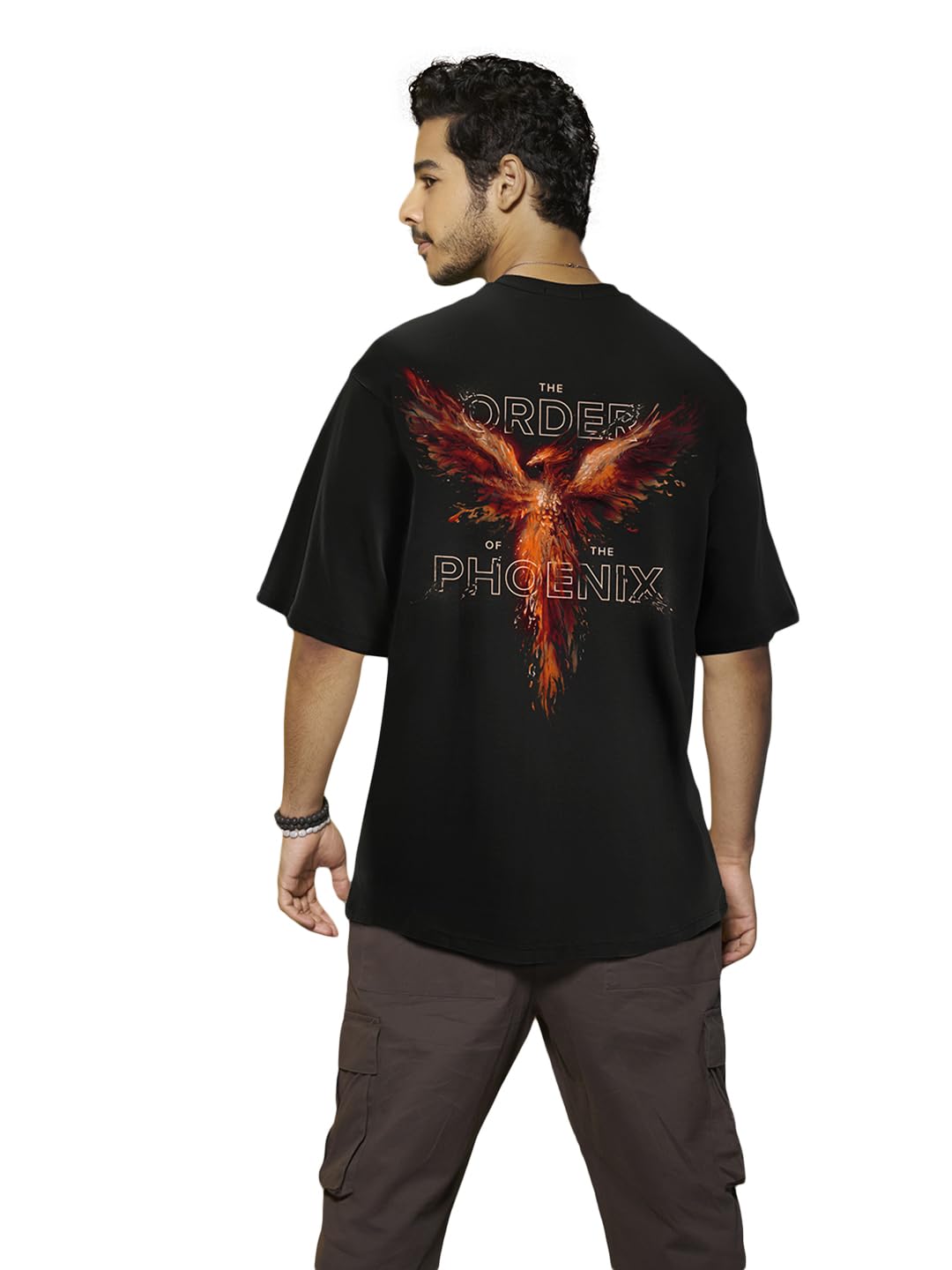 Bewakoof Mens Order of The Phoenix Graphic Printed 100% Cotton T-Shirt - Oversized Fit, Round Neck, Half Sleeves_589143_Black_X