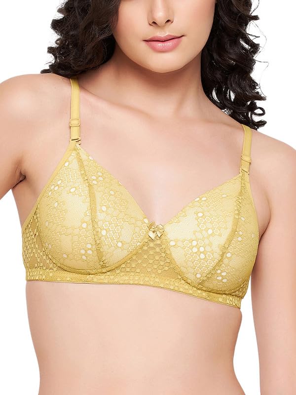 Clovia WomenS Lace Padded Full Cup Wire Free Bridal T-Shirt Bra (Br1000R02_Mustard_32C)