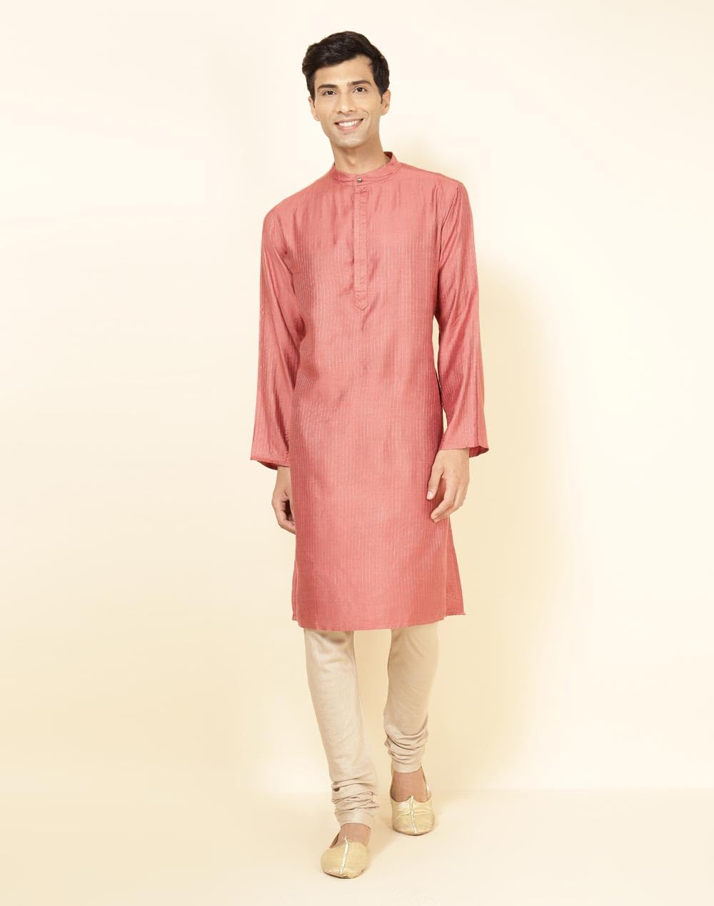 Fabindia Mens Viscose Blend Printed Comfort Fit Kurta (1028868CORAL_Coral