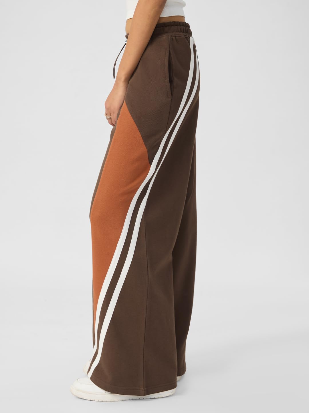 The Souled Store Solids: Cinnamon Brown Women and Girls Elasticated Toggled Cotton Wide Leg Fit Flared Joggers