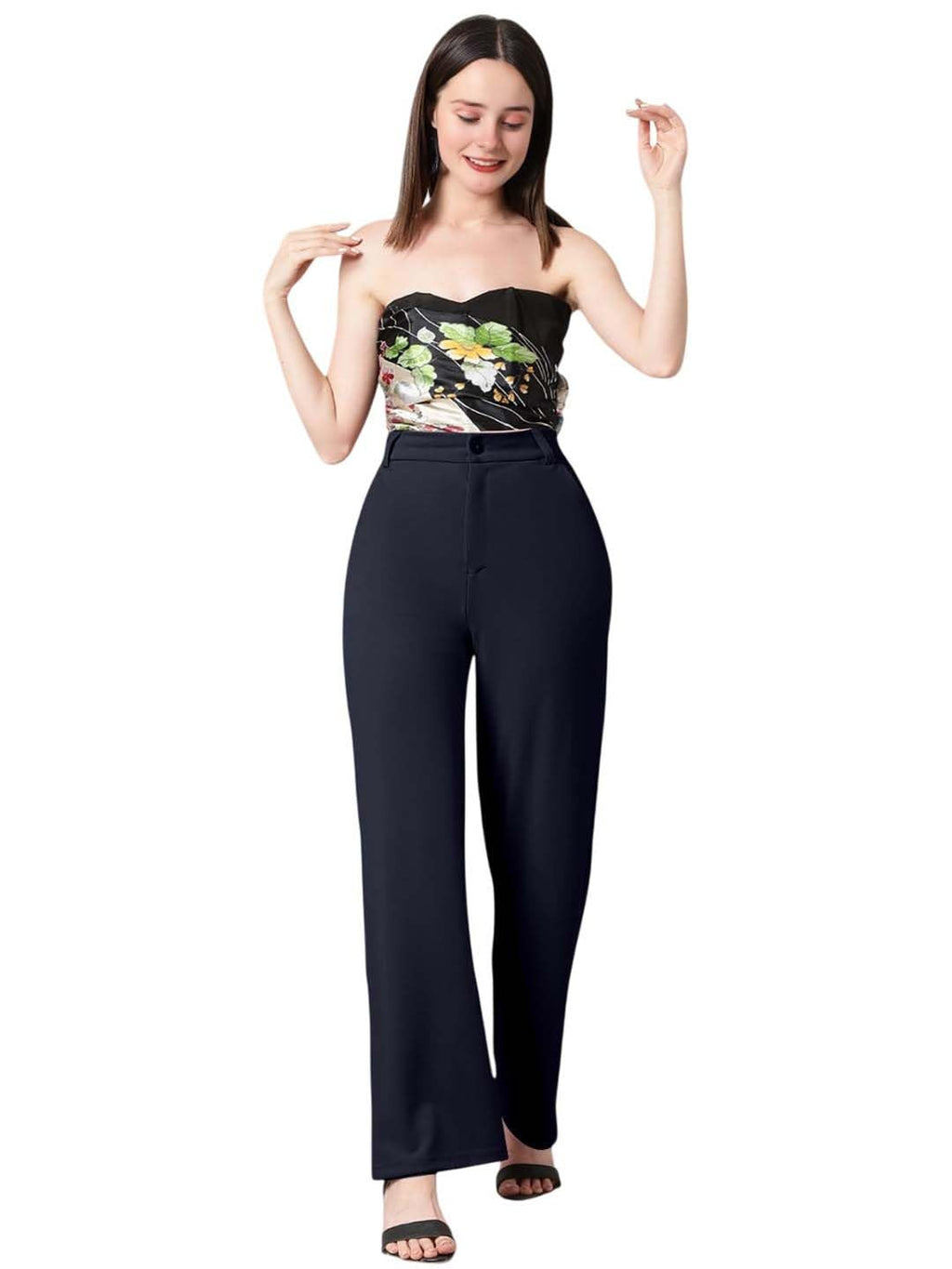 Kotty WomenS High Rise Cotton Blend Relaxed Fit Trousers Navy Blue
