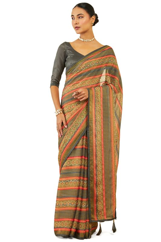 Soch Women Chiffon Bandhani Print Saree with Tassels