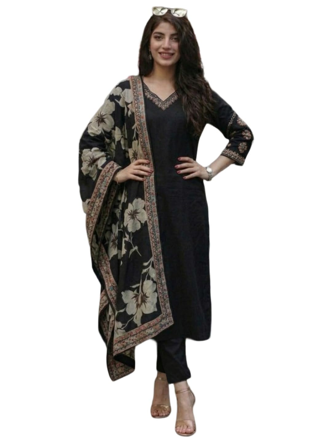 Gosriki WomenS Viscose Anarkali Embroidery Kurta With Pant & Dupatta (Bhadrak Black-Vks02-Gs_L_Black_Large)