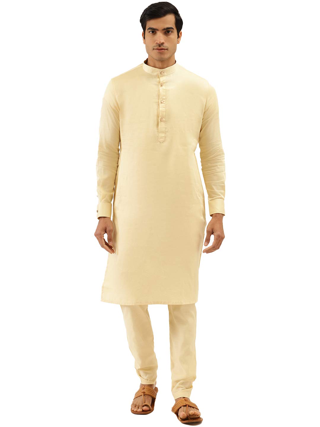 Manyavar Sytlish Solid Pattern Full Sleeves Kurta and Churidar Set for Men - (White, Medium)
