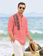 ROYALSCOUT Mens Regular Fit Stylish Embroidered Design Cotton Blend Full Sleeve Short Straight Kurta Shirt Peach