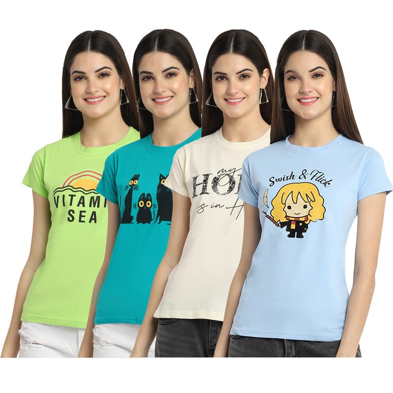 Preneum Womens Cotton Regular Fit Latest Graphic Stylish Printed Short Sleeves Casual T-Shirt || Latest Trendy & Style (Pack 4)