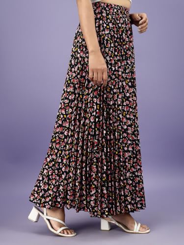 Kzully | Stylish And Beautiful Floral | Floral Pleated Maxi Skirts For Women | Long Skirts Elastic Waist Black-Rose