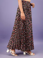 Kzully | Stylish And Beautiful Floral | Floral Pleated Maxi Skirts For Women | Long Skirts Elastic Waist Black-Rose