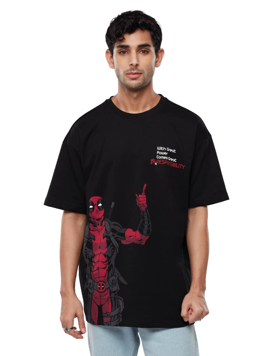 The Souled Store Official Deadpool: Great Irresponsibility Men and Boys Oversized fit Graphic Half Sleeve Cotton Black Color Ove
