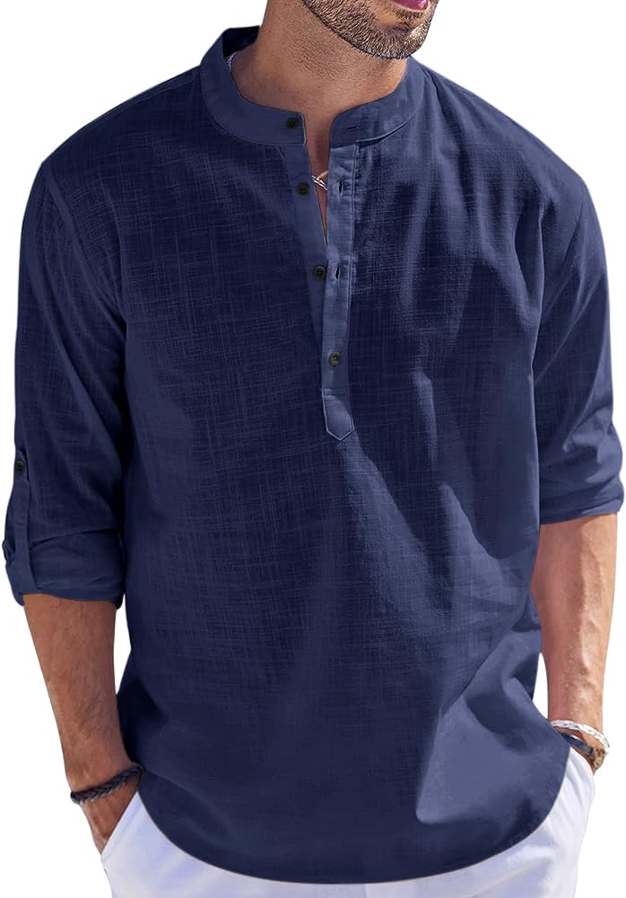 Hemrin Men Solid Cotton Blend Straight Kurta Shirt Navy Blue