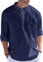 Hemrin Men Solid Cotton Blend Straight Kurta Shirt Navy Blue