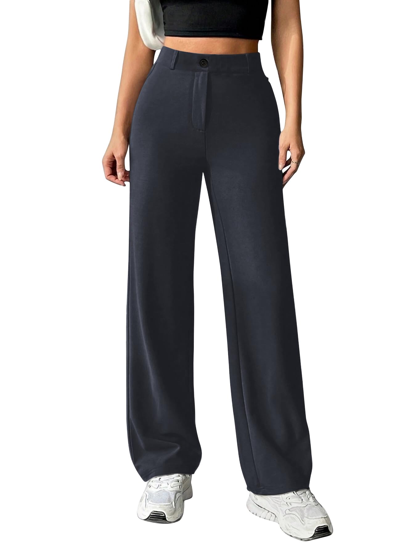 Toochki Straight Pants Trousers for Women with High Waist, Formal Pant for Women Office Wear with Wide Waistband Dark Grey