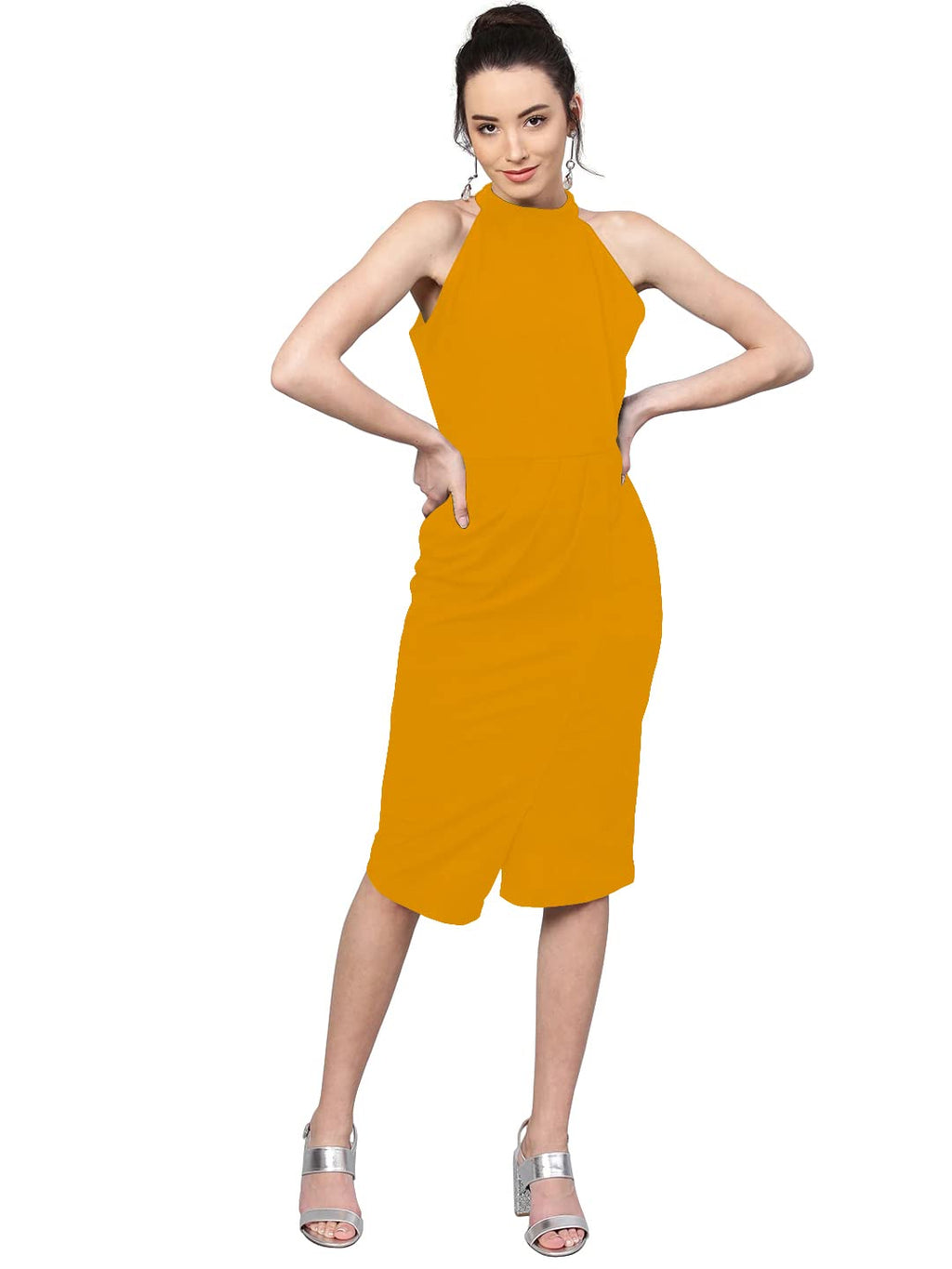 Shasmi Polyester Blend Bodycon Knee-Length WomenS Elegant Halter Neck Pleated Flounce Sleeveless Midi Dress (Dresses For Tops_M