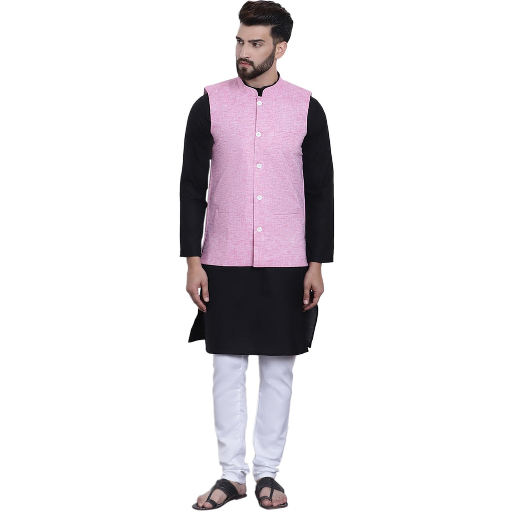 SOJANYA (Since 1958 Mens Black Kurta with white Pyjama & Pink Nehrujacket Combo