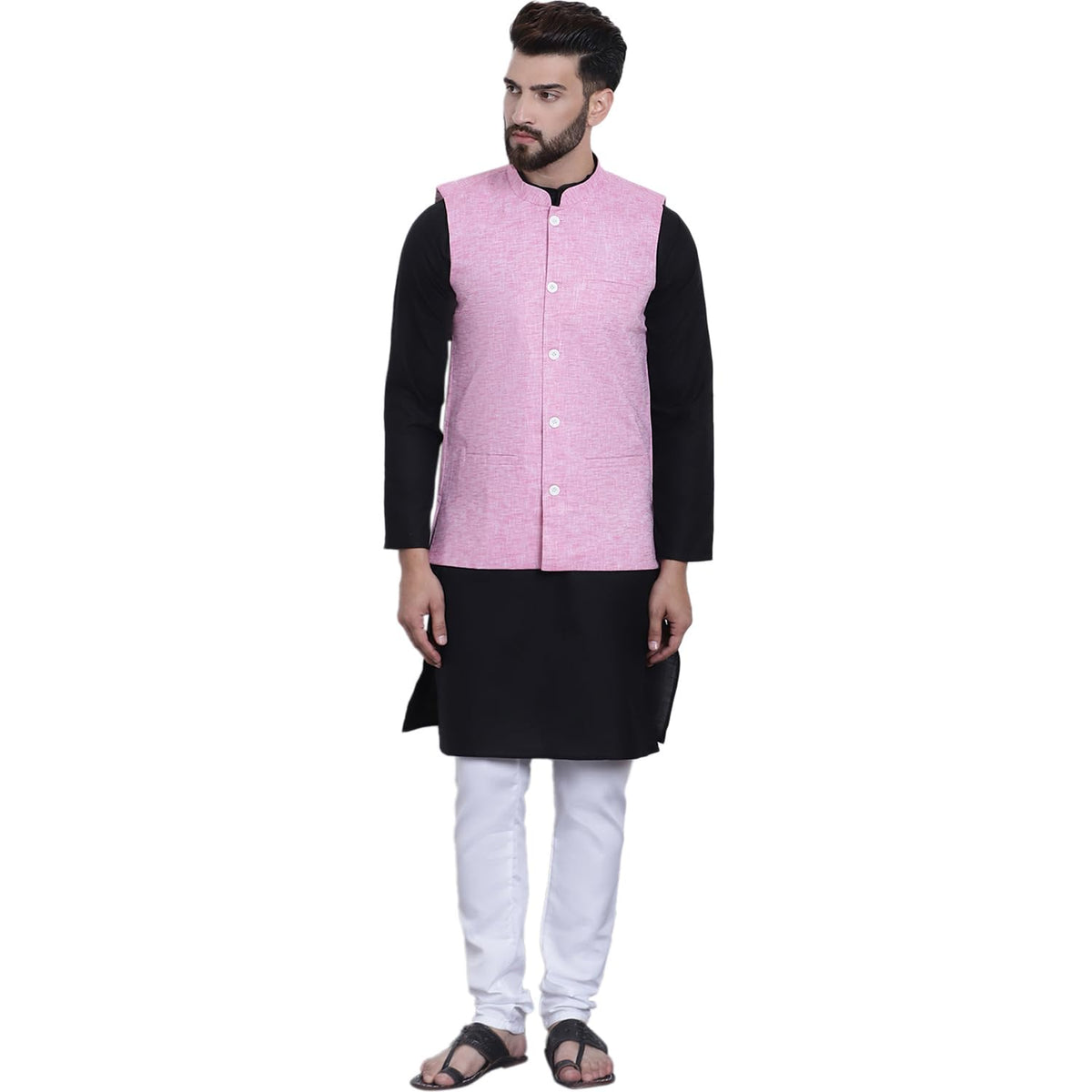 SOJANYA (Since 1958 Mens Black Kurta with white Pyjama & Pink Nehrujacket Combo