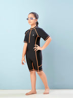 Aarika Girls Sports Wear Black Orange Colour Solid Nylon Swim Suit (4-15 Years)-(SW-SHM-AB-603)