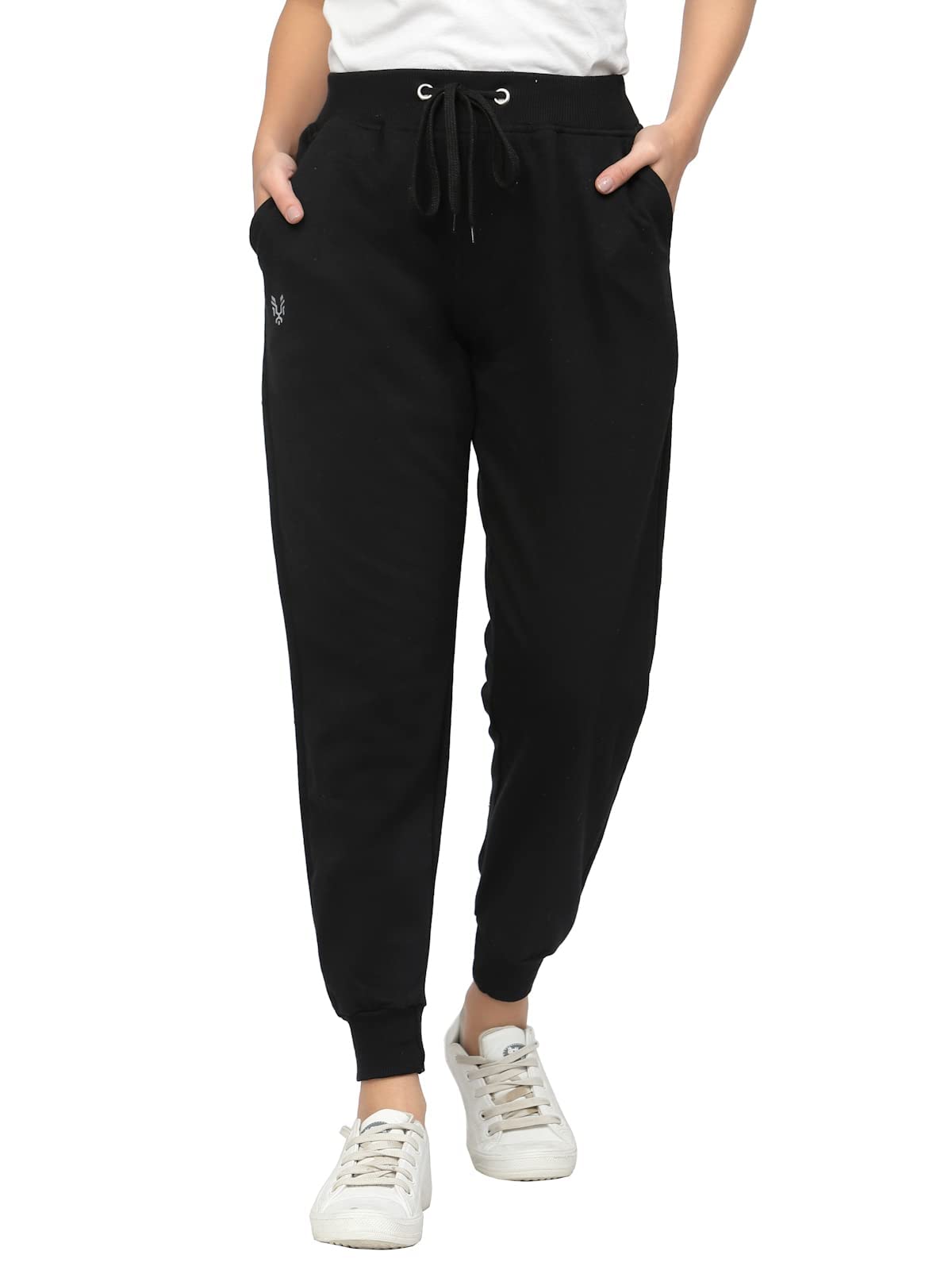 Uzarus Women Mid Rise Cotton Regular Fit Joggers Track Pants With 3 Pockets Black, Medium