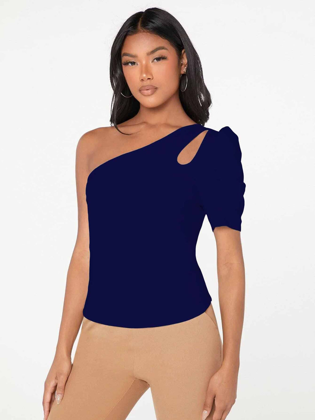 Shasmi Womens & Girls Navy Blue Short Puff Sleeve, One Shoulder Neck, Ruched Bust Solid Tops for Women/Tops, T-Shirts for Girl