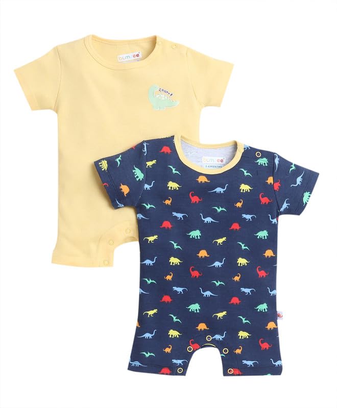 BUMZEE Navy & Yellow Boys Half Sleeves Thigh Length Romper Pack Of 2 Age - 6-9 Months (Peb9507D-nbl.ylw)