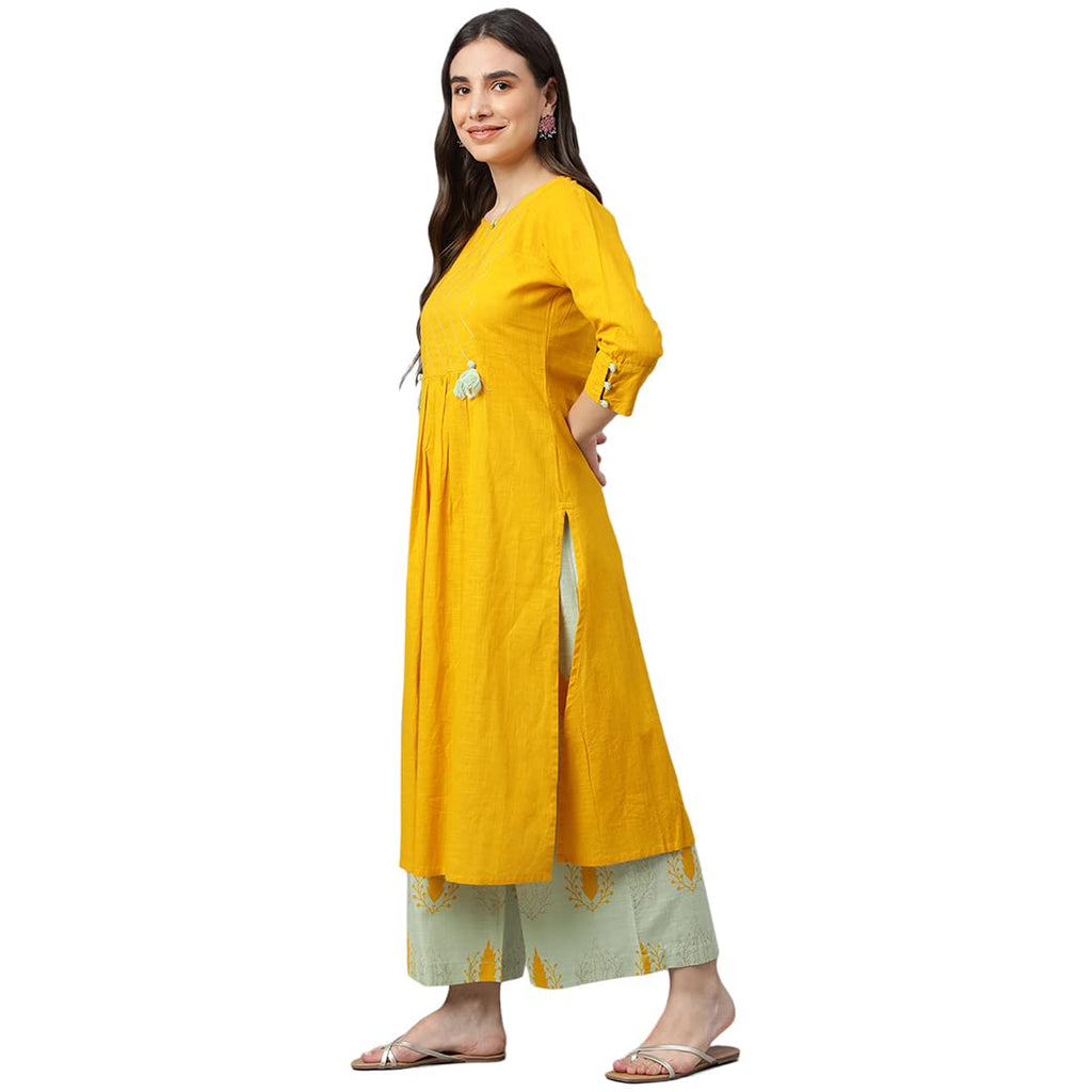 Idalia Mustard And Sage Green Cotton Kurta Set For Women