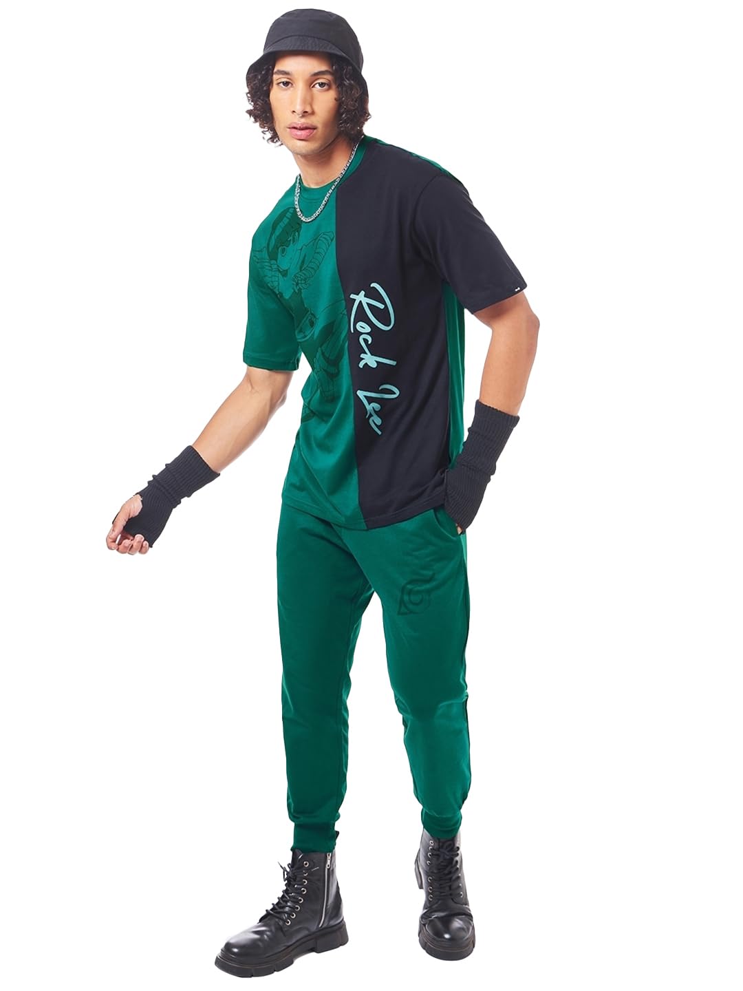 Bewakoof Official Naruto Merchandise Mens Graphic Print Oversized Fit Half Sleeve Round Neck Cotton Co-ordinates_603198_Green_M