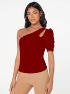 Shasmi Womens & Girls Maroon Short Puff Sleeve, One Shoulder Neck, Ruched Bust Solid Tops for Women/Tops, T-Shirts for Girls (