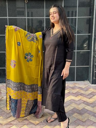 ANNI DESIGNER Ladies Cotton Blend Kurta with Trousers and Dupatta, Black, S