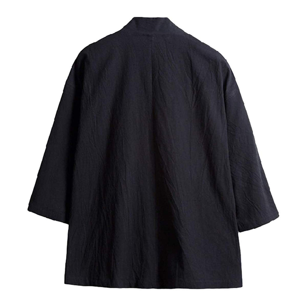 Haseil Men's Kimono Cardigan Japanese Jackets Casual Cotton 3/4 Sleeve Shirt Open Front Coat Lightweight Linen Yukata, Black, Ta
