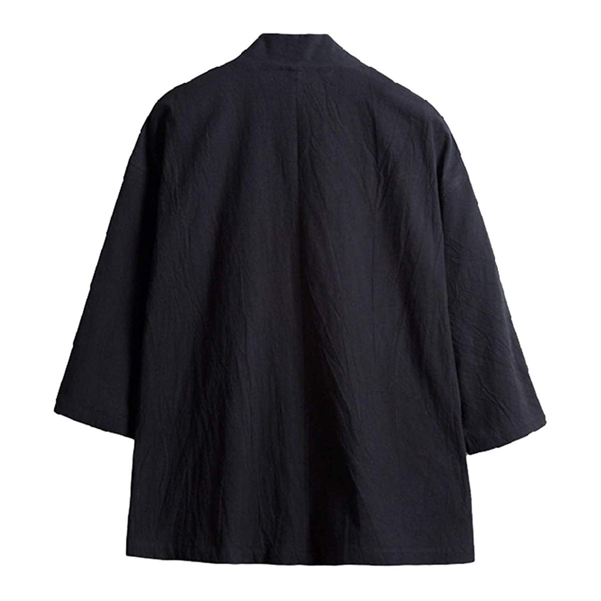 Haseil Men's Kimono Cardigan Japanese Jackets Casual Cotton 3/4 Sleeve Shirt Open Front Coat Lightweight Linen Yukata, Black, Ta