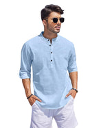 Hemrin Men Solid Cotton Blend Straight Kurta Shirt Sky Blue